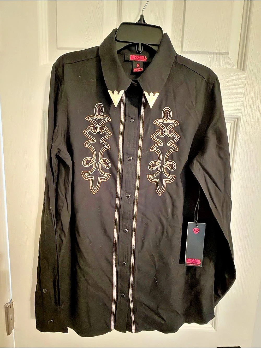 Rock & Roll Denim Boot Stitch Snap Shirt Black & Gold. Size Small
